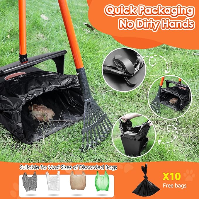 SlowTon Dog Pooper Scooper - 37.4" Long Metal Handle Adjustable Rake & Spade & Swivel Bin with 10 Waste Bags, Portable Pooper Scooper for Gravel Lawn Grass, Suit for Small Medium Large Dog