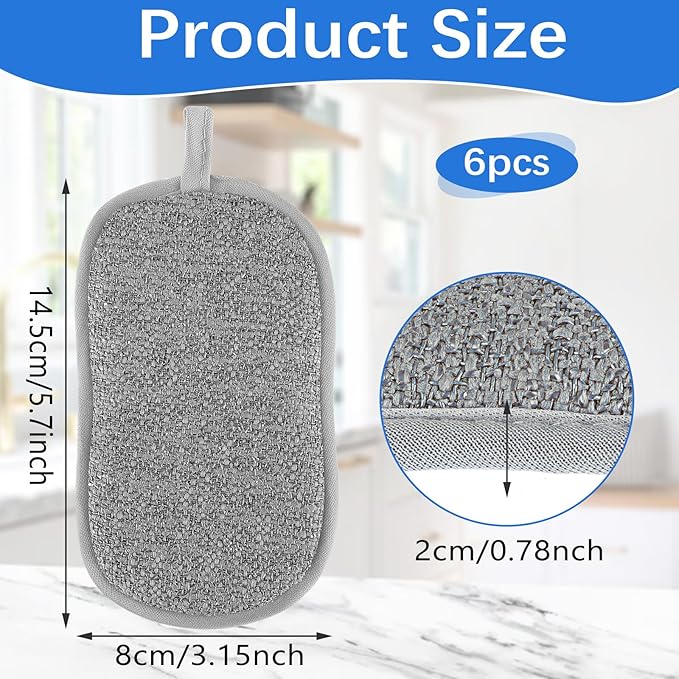 6 Pack Dual-Sided Sponges Kitchen, Non Scratch Microfiber Dish Sponge All Purpose Dish Washing Scrubber for Cleaning Non-Stick Cookware Dishes Kitchen Pots Pans Sink Household(Grey)