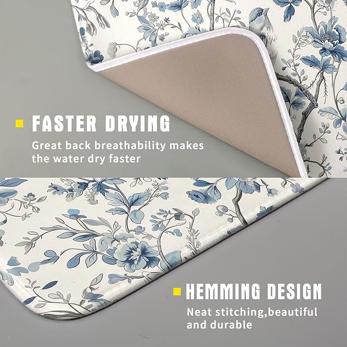 Chinoiserie Trees Dish Drying Mat for Kitchen Counter,Bule Bird Flowers Drying Mat 16 x 18 Inch with Absorbent Reversible Microfiber Drying Pad for Coffee Bar