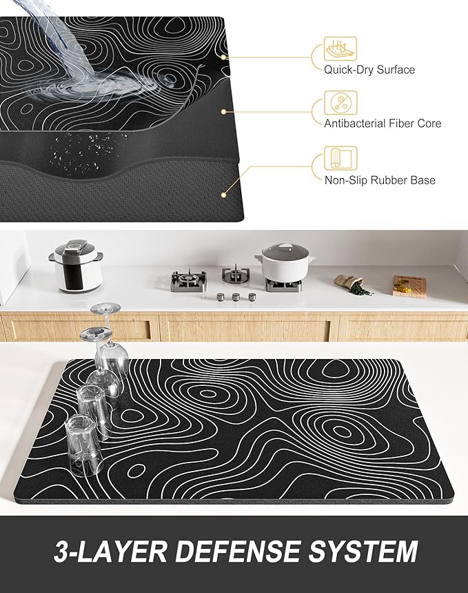 Rnivvi Dish Drying Mat for Kitchen Counter, XL 15 x 24" Cute Marble Super Absorbent Draining Pad, Non-Slip Heat Resistant Coffee Bar Mats for Coffee Machine Station Accessories, Line Art Dish Rack Pad