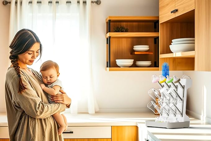 Baby Bottle Drying Rack Large Vertical Bottle Drying Rack - Detachable Space Saving Cleaning and Drying Rack for Baby Bottles and Pump Components (Grey)