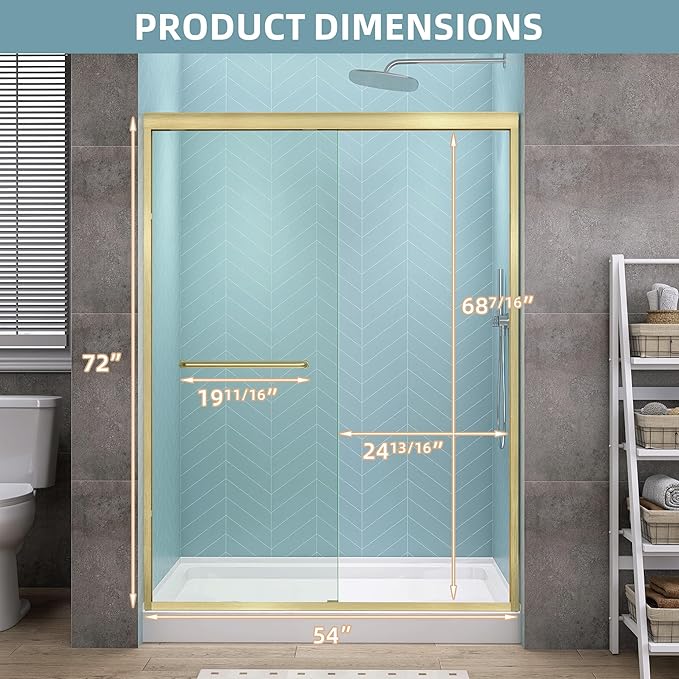 GETPRO Sliding Shower Door 50-54 in. W x 72 in. H Semi-Frameless Bypasss Double Sliding Glass Shower Enclosure,1/4 inch Clear Tempered Glass Door for Walk-in Shower Brushed Gold