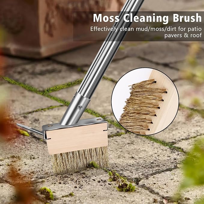 Heavy Duty Wire Push Broom with Crack Weeder Brush Set, Multifunction Moss Remover with Scraper Weed Puller, Detachable 64.9in Handle for Outdoor Deck Pavers Patios Walkways Concrete Cleaning