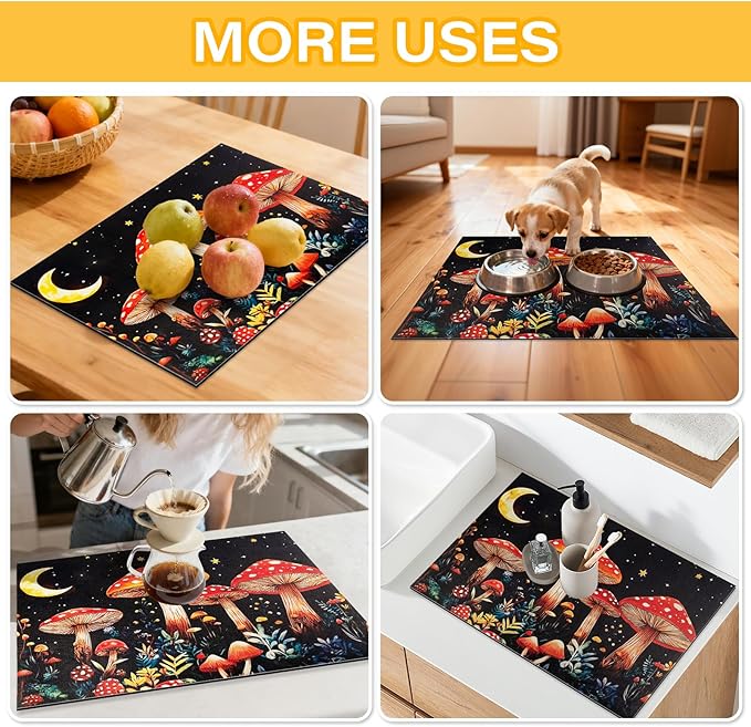Mushroom Dish Drying Mat 24" x 16" for Kitchen Counter Coffee Mat Bar Accessories,Fit Uder Pot, Dish Rack,Hide Stain,Absorbent Easy Clean