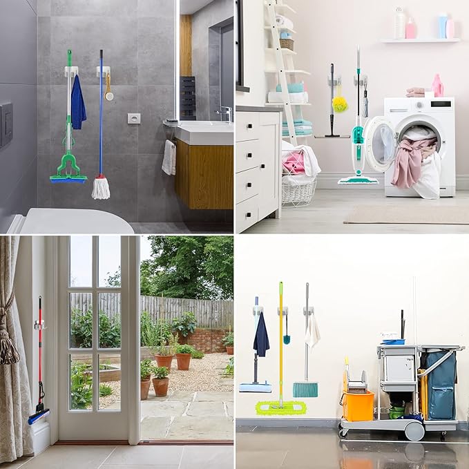 Stainless Steel Broom Holder, Self-Adhesive, 4 Gripper Positions, 4 Hooks, Light and Durable, Easy Installation, Ideal for Organizing Household Items