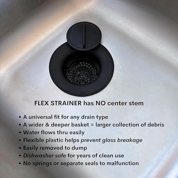 Flex Strainer® Sink Drain Strainer with Optional Stopper – No Center Stem, Fits Standard 3½” Sink Drains & Disposals – Easy Clean, Dishwasher Safe – Made in USA (Black, 1PK)