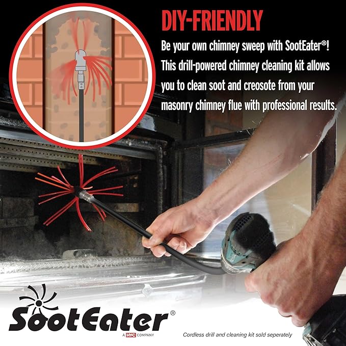 SootEater Rotary Chimney Cleaning System - Gardus RCH205-B Chimney Sweep Kit, Cleans Open Chimneys up to 18' with 6 Flexible 3' Rods, Chimney Cleaning Kit with Trim-to-Fit Spinning Chimney Whip