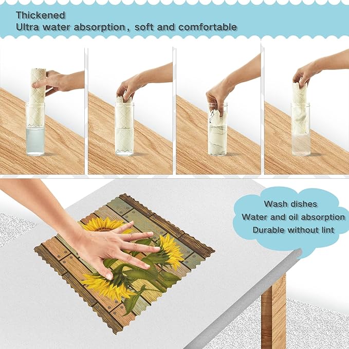 ALAZA Dish Towels Kitchen Cleaning Cloths Sunflower On Wooden Board Vintage Dish Cloths Super Absorbent Kitchen Towels Lint Free Bar Tea Soft Towel Kitchen Accessories Set of 6,11"x11"