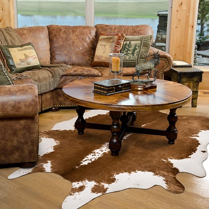 Amearea Faux Cow Hide Rug, Vintage Western Home Decor Cow Print Rugs for Living Room, Faux Leather Animal Cowhide Carpet for Bedroom, Dining Traditional Cow Print Stuff Carpets, Khaki 3.6x2.3 Feet