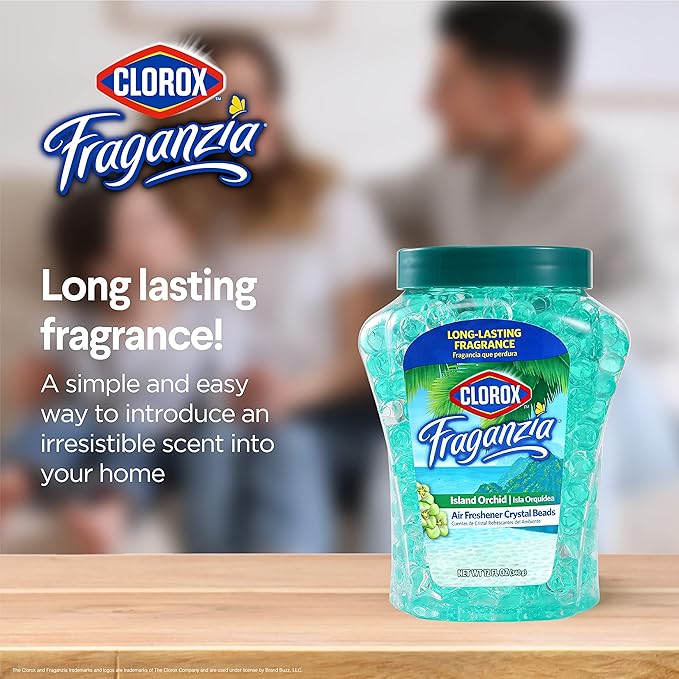 Clorox Fraganzia Crystal Beads Air Freshener, Long Lasting Room Deodorizer and Odor Eliminator Gel Beads to Freshen Home, Car, or Office, Island Orchid Scent, 12 Fl Oz