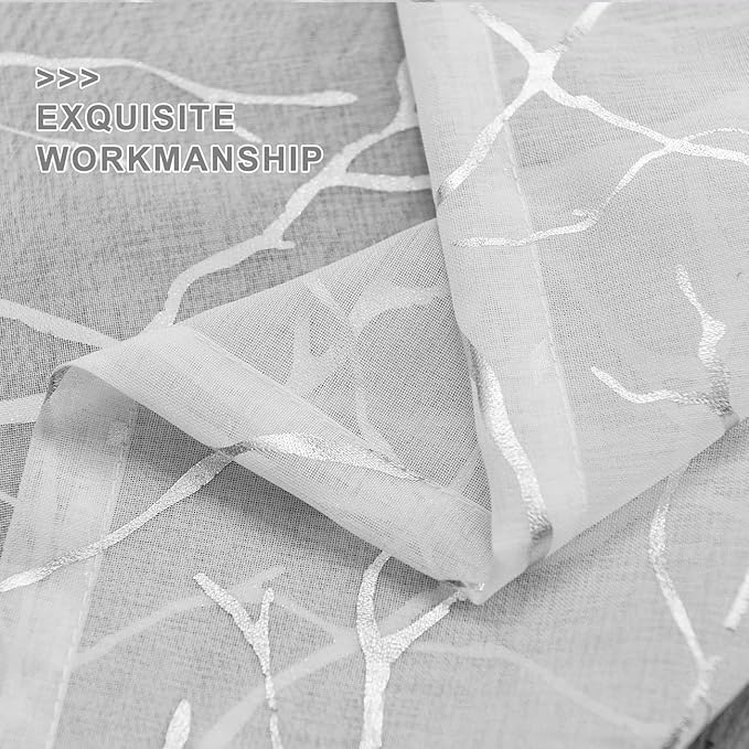 FINECITY Tree Curtains for Living Room - White Sheer Curtains 72 Inches Long Silver Foil Tree Branch Design Print Curtain 2 Panels for Bedroom, 52 x 72 Inch, 1 Pair, Silver and White