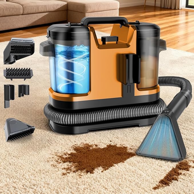 Portable Carpet & Upholstery Cleaner Machine, Handheld Spot Cleaner with Dual Brush, 18KPa Suction, Large Removable Tank for Couch, Car, Stairs, Rugs & Pet Stains, Yellow