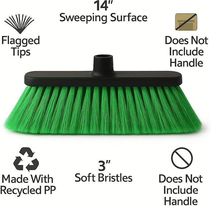 Aria Green Broom Head – 13” Sweeping Width – Soft/Firm Magnetic Flagged Bristles – Universal Thread – Recycled PP – Daily Indoor Sweeper (Green, ARIA)