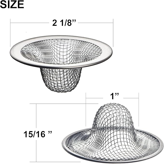 6 Pack - 2.125" Top / 1" Basket- Mesh Sink Drain Strainer Hair Catcher for Bathroom Sink, Utility, Slop, Laundry, RV and Lavatory