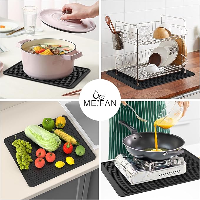 ME.FAN Silicone Dish Drying Mat for Kitchen Counter, Dish Drying Pad for Sink, Refrigerator or Drawer, Countertop Protection Pad XL - 23''×17'' - Black