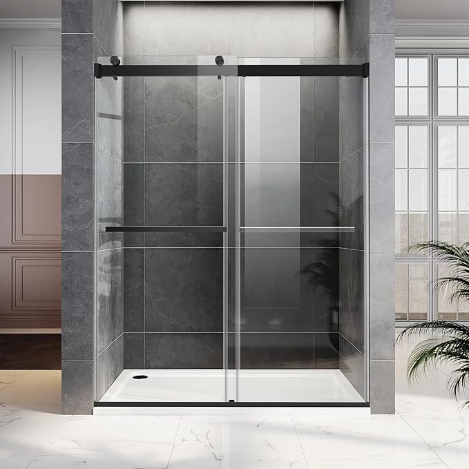 Frameless Sliding Shower Door, 56-60" W x 76" H Glass Shower Door with 5/16" (8mm) Clear Tempered Safety Glass, Stainless Steel Hardware, Double Sliding Shower Door, Matte Black