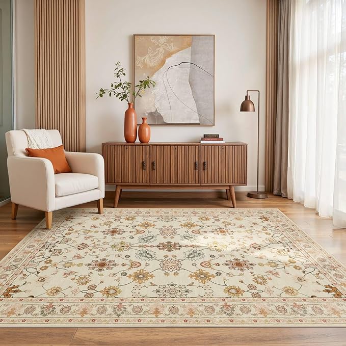 Floral Rug for Living Room Bedroom, 4x6 Washable Rug, Vintage Boho Area Rug, Large Non Slip & Low Pile Wool Carpet for Indoor Dining Room, Girls Room, Nursery Room and Kids Room(Apricot 4x6ft)