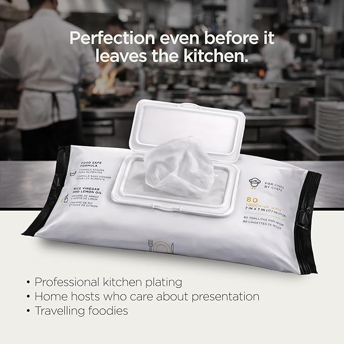 Perfect Plate Rice Vinegar Cleaning Wipes - Food-Safe, No Rinse, Alcohol-Free - Pre-Moistened Dish Wipes for Plating & Serving, 80 Wipes (1 Pack)