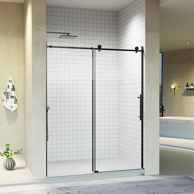 56-60" W x 76" H Frameless Sliding Shower Door, Stainless Steel Round Tube Bathroom Single Sliding Glass Doors with 1/4''(6mm) SGCC Clear Tempered Glass, Reversible Installation, Matte Black