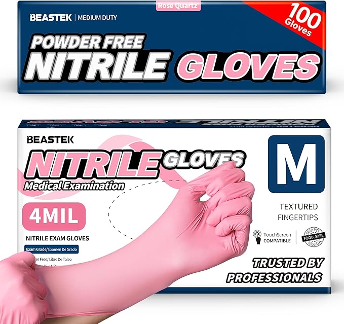 Beastek Nitrile Disposable Exam Gloves, 4Mil 100Ct Powder-Free Latex-Free Food-Safe for Cooking Medical Esthetician, Hot Pink
