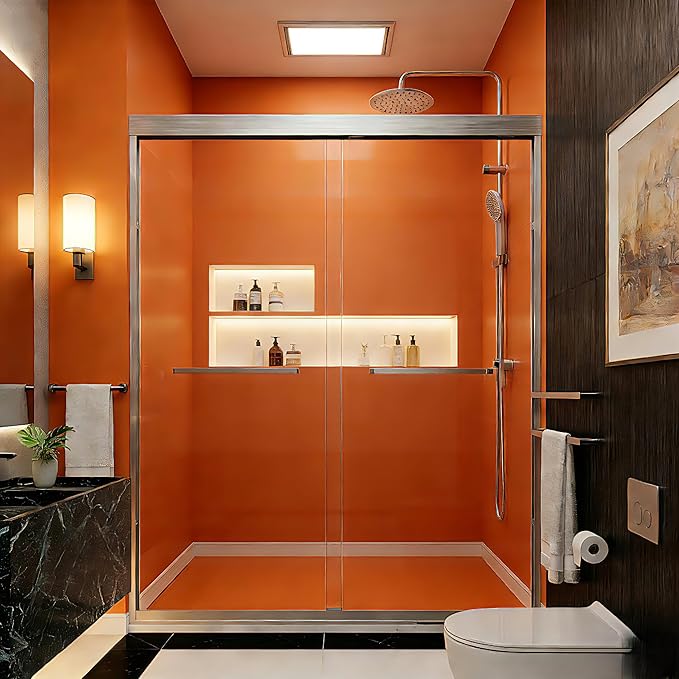 56"-60" W x 70" H Semi-Frameless Double Sliding Bypass Shower Door, 1/4" (6mm) SGCC Tempered Glass Shower Door, Brushed Nickel Finish