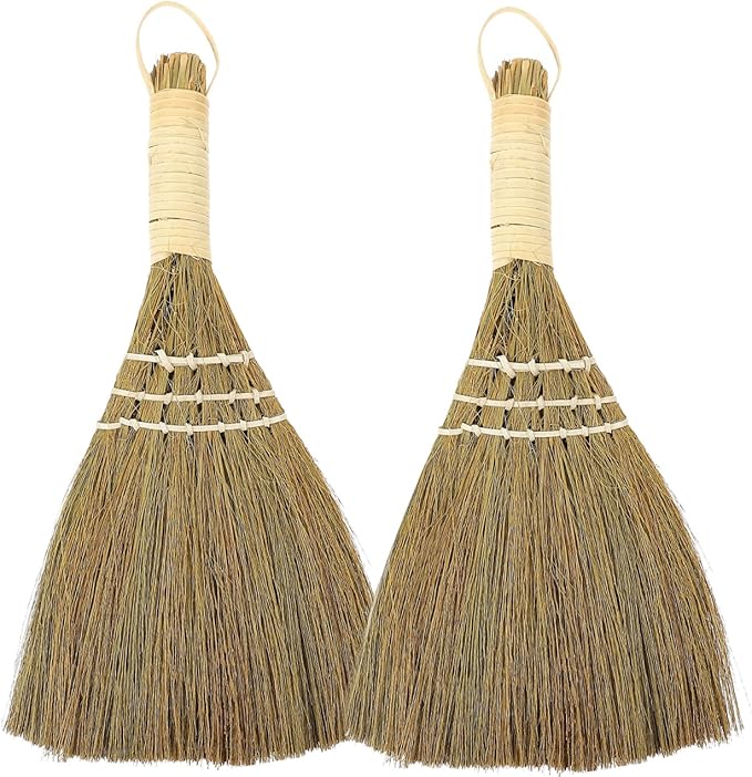 10" Whisk Broom Set of 2, Handheld Straw Broom, Natural Corn Brooms, Portable Wooden Dust Duster for Car, Table, Furniture, Decorative Rustic Sweeper for Home, Garden, Xmas Decor