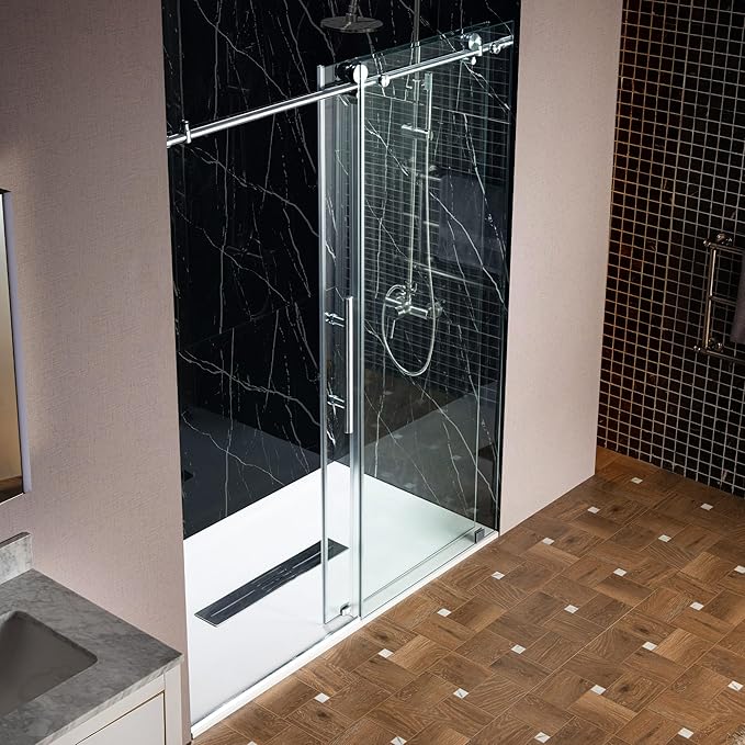 Woodbridge Frameless Single Sliding Shower Doors in Polished Chrome Finish, 45.5-48" Width x 76" Height with 3/8"(10mm) Clear Tempered Glass, Soft Close System and Explosion-Proof Film, BSDC4876-C