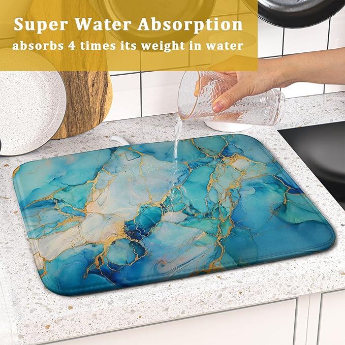 Marble Print Dish Drying Mat for Kitchen Counter,Blue Teal Turquoise Gold Drying Mat 16 x 18 Inch with Absorbent Reversible Microfiber Drying Pad for Coffee Bar