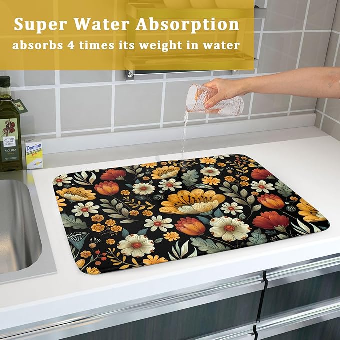 Vintage Boho Floral Dish Drying Mat for Kitchen Counter,Yellow Beige Black Spring Flower Drying Mat 18 x 24 Inch with Absorbent Reversible Microfiber Drying Pad for Coffee Bar