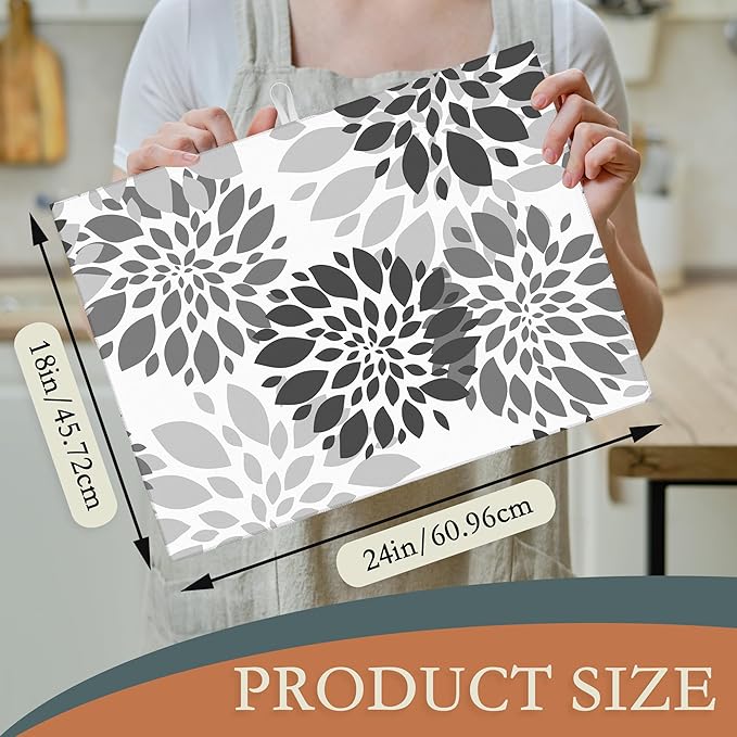 Black White Dahlia Dish Drying Mat for Kitchen Counter Decor,Geometric Dish Drying Rack Pad Absorbent Reversible Microfiber for Coffee Tableware Sink Countertop 18x24 Inch