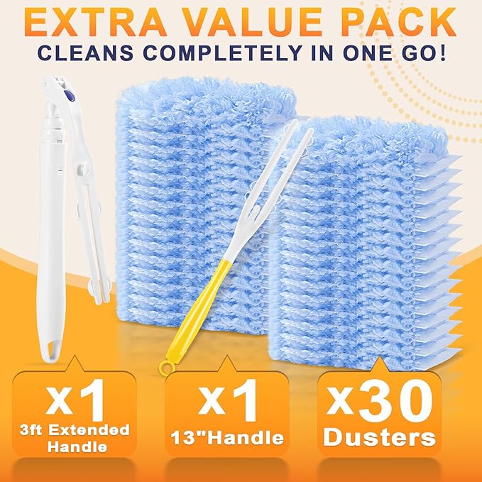 30-Pack Heavy Duty Duster Refills Compatible with Swiffer, 3FT Extendable Handle, 5X Multi-Surface Microfiber Duster for Home, Fans, Blinds, Vents & Car Cleaning