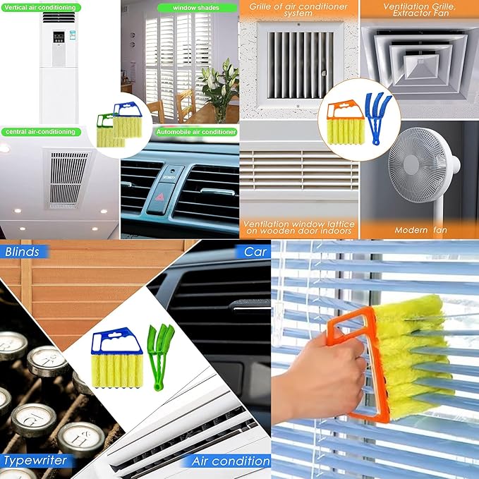 Blind Cleaner Duster Tool, 7 Finger & 3 Finger Window Venetian Blind Brushes, Washable Mini Cleaner Brush, Venetian Blinds Duster Brush for Window & Air Conditioner Fan, 2 Pack, Green, PP+Microfiber