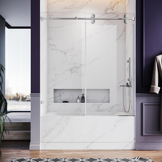 56-60 Inch x 66 Inch Sliding Frameless Bathtub Door, 3/8" Tempered Glass with Easy-Cleaning Coating, Stainless Steel Rollers & SGCC-Certified Stability, Bright Chrome