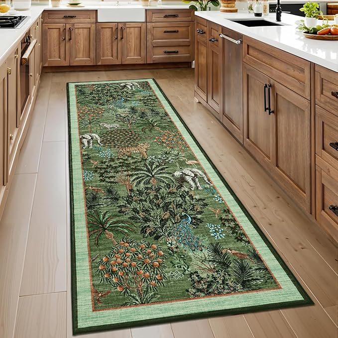 GarveeHome Jungle Rug 2.5x8 Kitchen Runner Rug Non Slip Washable Runners for Hallways, Animal Print Runner Rugs with Rubber Backing Soft Low-Pile Long Carpet for Bedroom Entryway Laundry, Forest Green