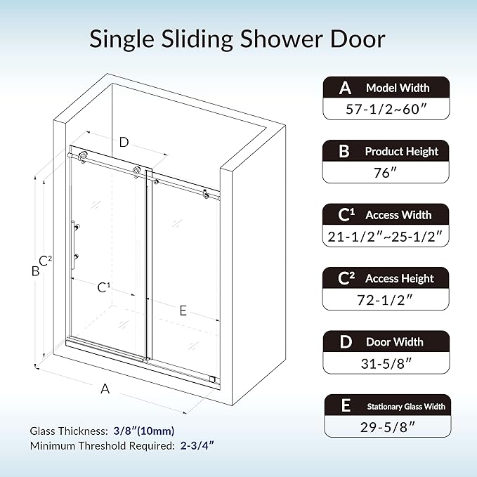 Woodbridge Frameless Sliding Shower Doors with Soft Close System, 57.5-60" Width x 76" Height with 3/8"(10mm) Clear Tempered Glass in Brushed Gold Finish, BSDC6076-BG