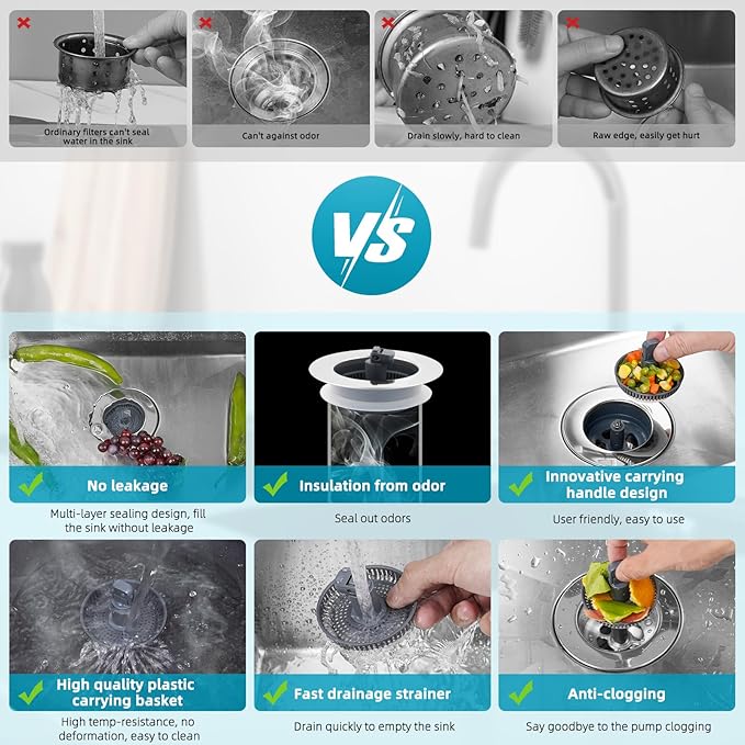 Hibbent Universal 3 in 1 Metal Kitchen Sink Drain Strainer, Upgraded Stainless Steel Drain Stopper Combo, Pop Up Sink Stopper, 3 Anti-Clogging Basket Strainers with Handle for US Standard 3-1/2" Drain
