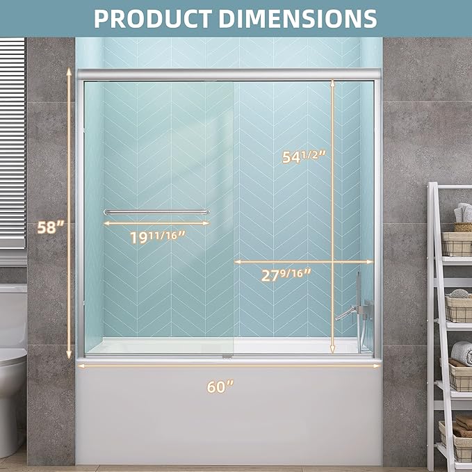 GETPRO Sliding Tub Shower Door 56-60 in. W x 58 in. H Semi-Frameless Bypass Double Sliding Bathroom Glass Door for Tub,1/4 inch Clear Tempered Glass Bathtub Door Brushed Nickel