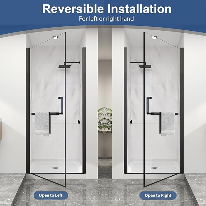 KPUY Pivot Shower Door, 34-36" W x 72" H Frameless Single Swing Glass Shower Door with Explosion-Proof Film Nano Coating, 1/4" (6mm) Thick Tempered Clear Glass, Matte Black