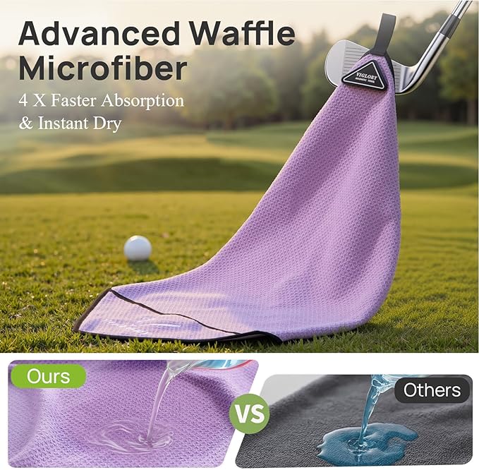Magnetic Golf Towel for Bag 18" x 18" with Clip Exclusive Cleaning Pocket Microfiber Waffle Ultra Absorbent Club Ball Cleaner, Essential Golf Accessories and Gifts for Men Women(Purple 1 Pack)