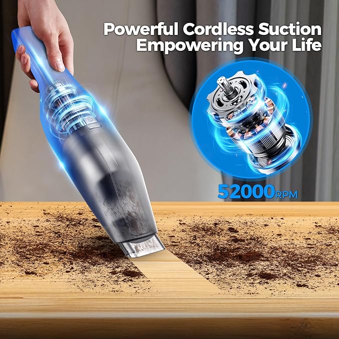 Handheld Vacuum Cordless -Car Vacuum Portable Cordless Cleaner Powerful Suction,1.2lbs Lightweight, Type-C Charge, Multiple Accessories, Portable Hand Vacuum for Home, Pet and Car