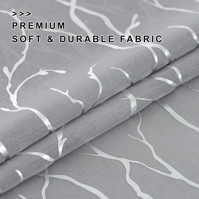 FINECITY Silver Grey Sheer Curtains 96-Inch Long - Metallic Silver Tree Bedroom Curtains Sparkle Sheer Branch Window Curtain 2 Panels for Living Room, 52 x 96 Inch, Set of 2, Grey and Silver
