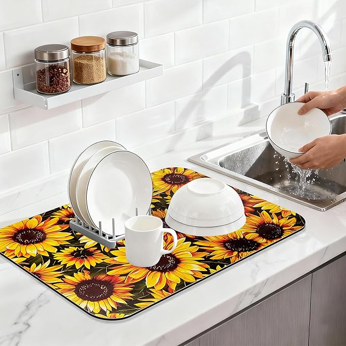 Sunflower Dish Drying Mat 24" x 16" for Kitchen Counter Coffee Mat Bar Accessories,Fit Uder Pot, Dish Rack,Hide Stain,Absorbent Easy Clean