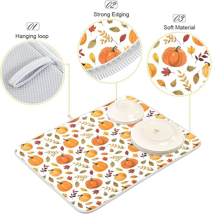 Fall Pumpkin Pattern Dish Drying Mat for Kitchen Countertop 18x24 Autumn Leaves Thanksgiving Day Large Drying Mat Reusable Quick Dry Dish Sink Mats Easy Clean Decorative Essentials