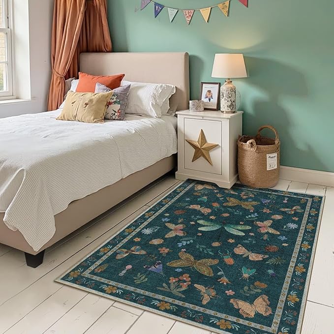 3x5 Rug for Entryway Bedroom, Green 3x5 Washable Area Rug, Floral Vintage Retro Boho Throw Rug, Non Slip & Low Pile Small Carpet for Indoor Kitchen, Bedside, Living Room, Bathroom and Dining