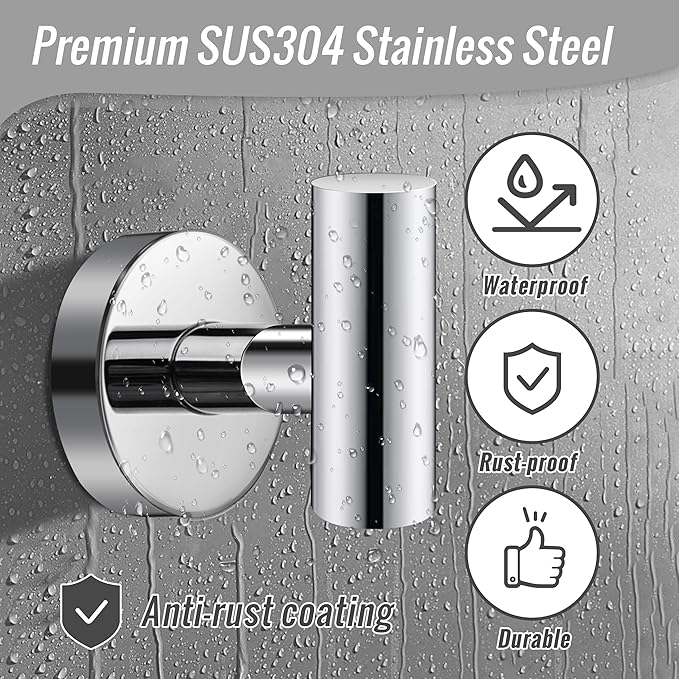 Towel Hooks, SUS 304 Stainless Steel Hooks, Heavy Duty Door Hanger Towel Robe Clothes Cabinet Closet Sponges Hook for Bathroom Kitchen Garage Gotel (Chrome, 2 Pcs)
