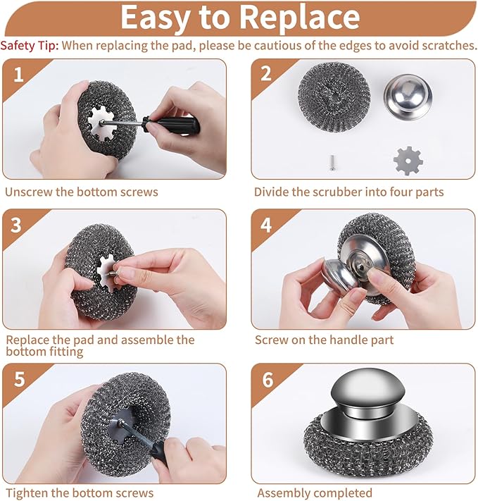 6Pcs Steel Wool Scrubber with Replacement Wire Pads Set, Stainless Steel Scrubber with Handle for Scouring Stubborn Messes from Cast Iron, Pots, Pans, Grill, Stoves, Sink(1 Scrubber+5 Pads)