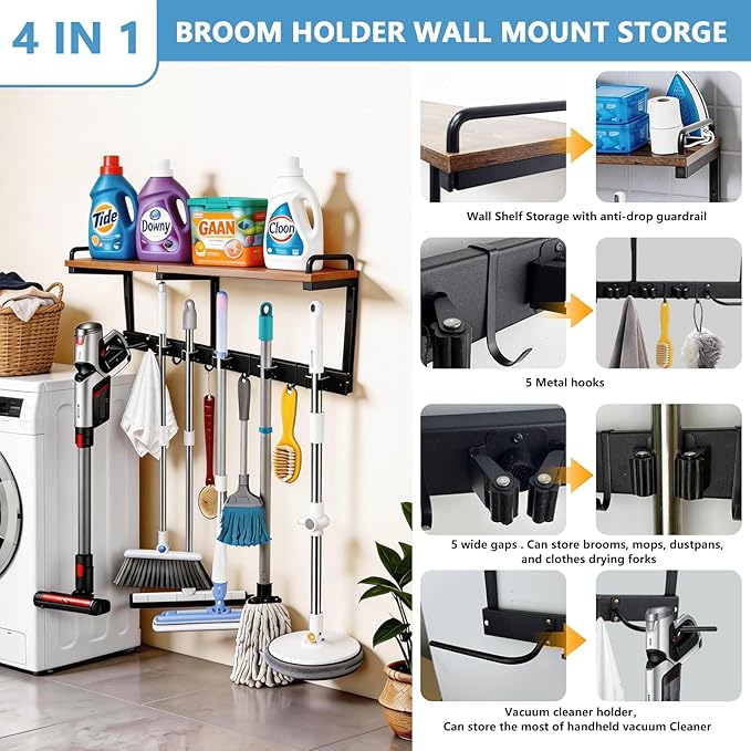 Broom Holder Wall Mount With Cleaning Supplies Organizer Shelf Broom And Mop Organizer Wall Hanging With Vacuum Holder Wall Mount, Wall Mounted Broom Hanger Utility Racks For Home Garage Laundry Room