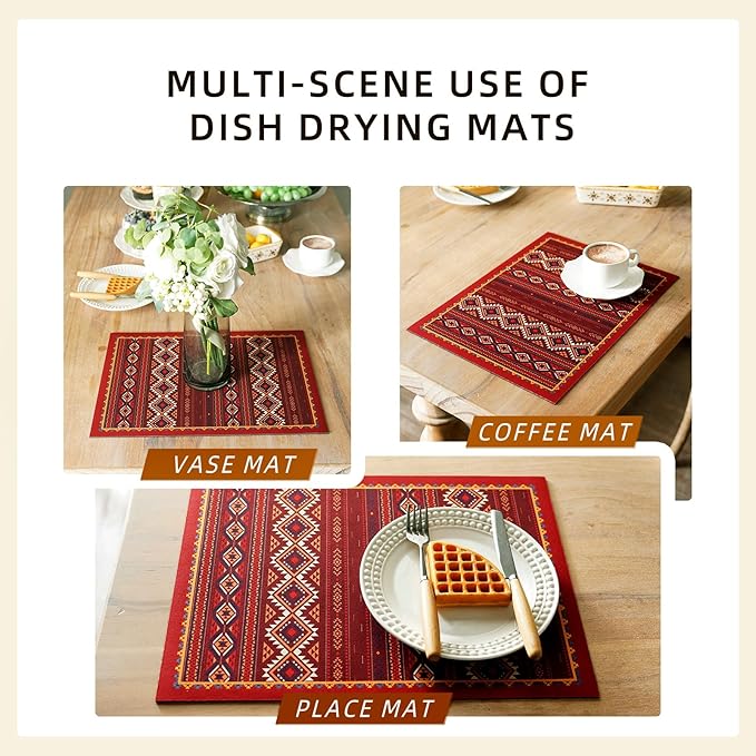 Dish Drying Mat Bohemian Absorbent Coffee Mat Rubber Backed Moroccan Soft Silicone Kitchen Dish Draining Mat for Kitchen Bathroom Coffee Bar (Boho Red, 12 x 16 Inches)
