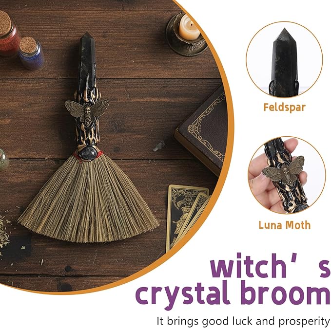 Labradorite Witch Altar Broom - Wiccan Stuff Witchcraft Supplies Moth Mini Magic Broomstick with Natural Healing Crystals Hexagonal Points Pagan Reiki Fengshui Energy Clearing Gift