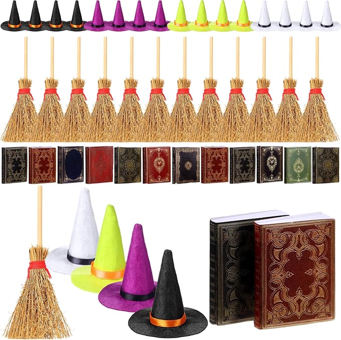 36 Pieces Mini Halloween Decorations 12 Mini Felt Witch Hats 12 Small Brooms 12 Miniature Dollhouse Books Tiny Witch Accessories Set for DIY Crafts Halloween Party Decor Supplies (Colorful)